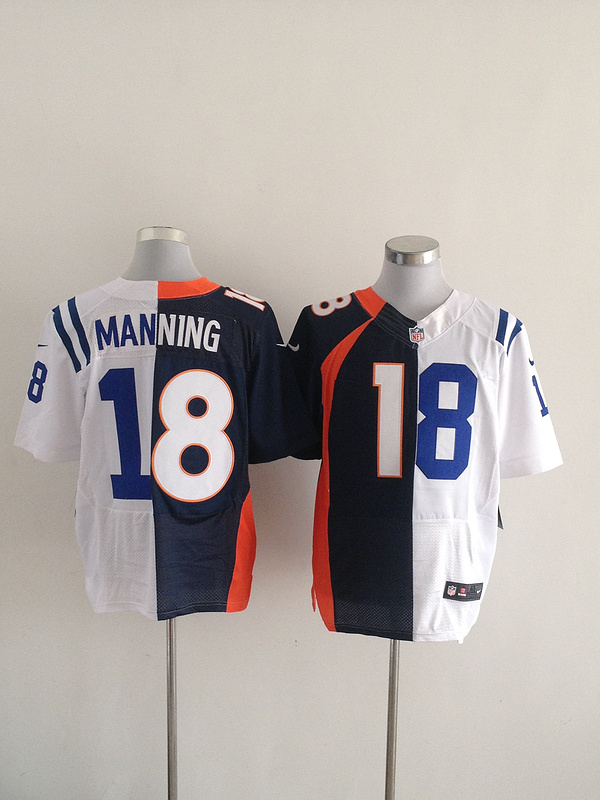 Nike Broncos 18 Manning White&Blue Split Elite Jerseys