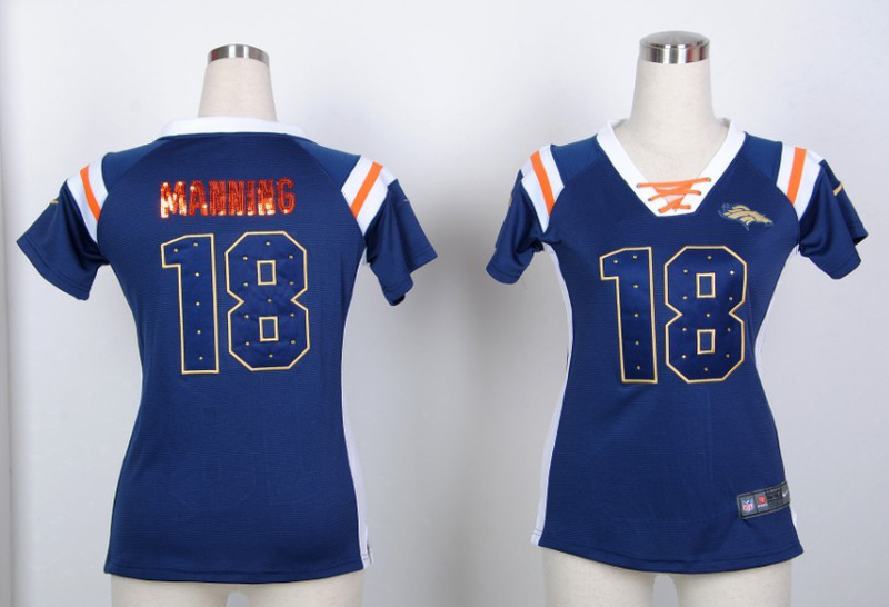 Nike Broncos 18 Peyton Manning Blue Women's Handwork Sequin lettering Fashion Jerseys