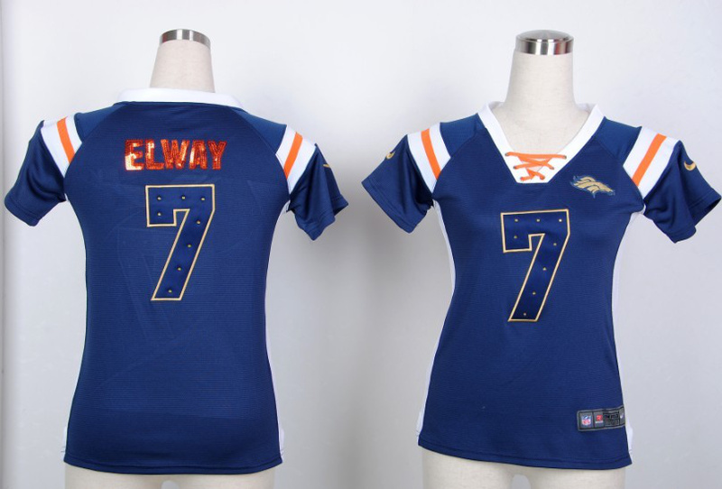 Nike Broncos 7 John Elway Blue Women's Handwork Sequin lettering Fashion Jerseys