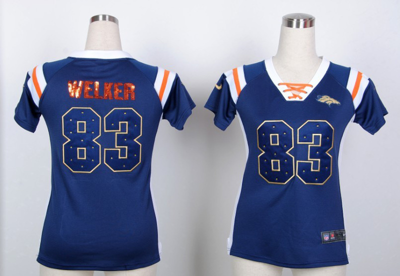 Nike Broncos 83 Wes Welker Blue Women's Handwork Sequin lettering Fashion Jerseys
