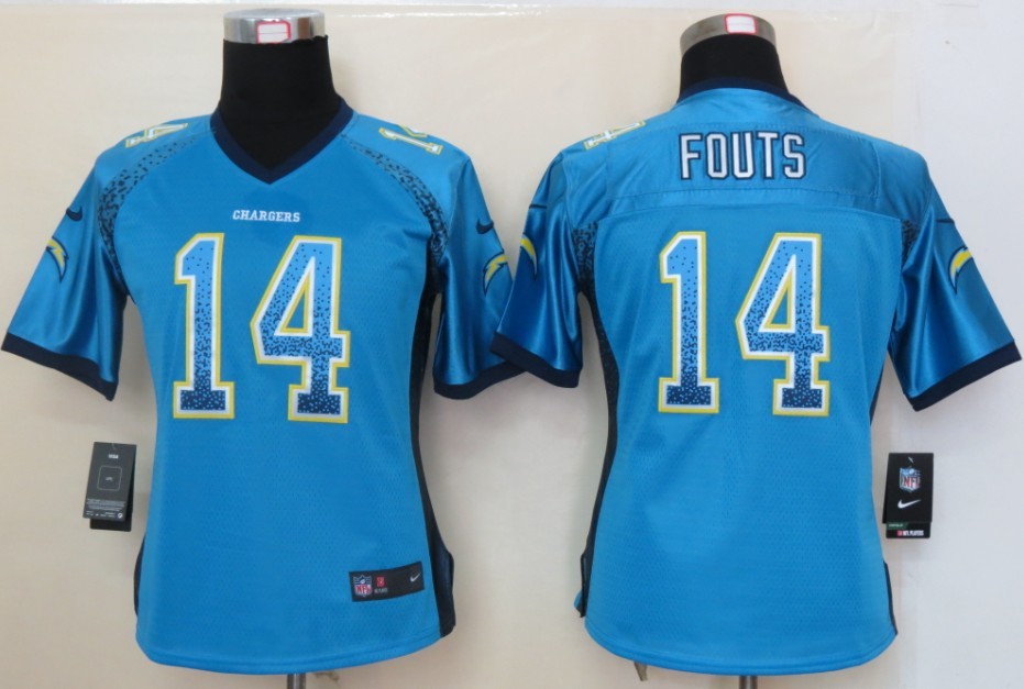 Nike Chargers 14 Fouts Blue Women Elite Drift Jersey - Click Image to Close
