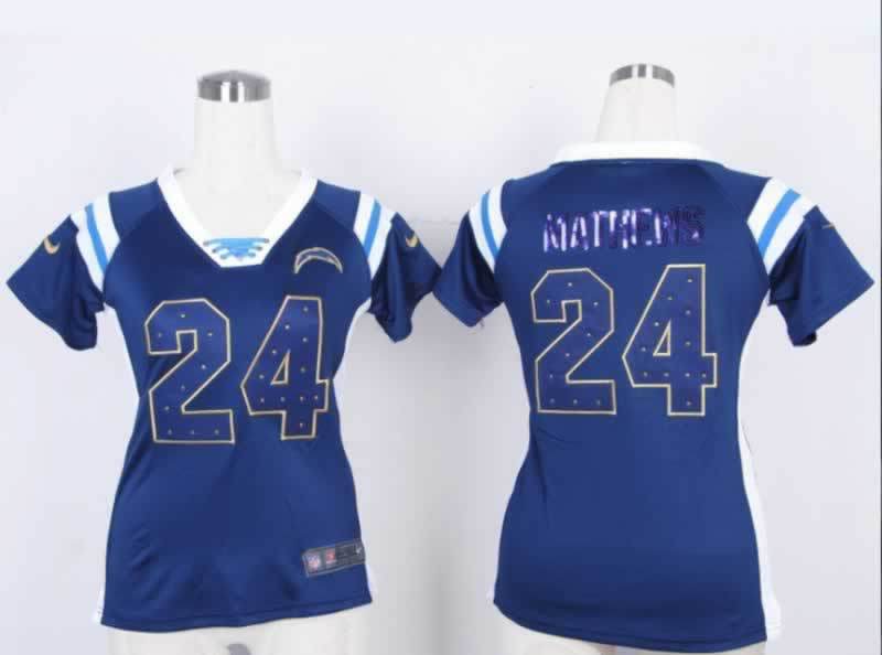 Nike Chargers 24 Mathews Blue Women's Handwork Sequin lettering Fashion Jerseys