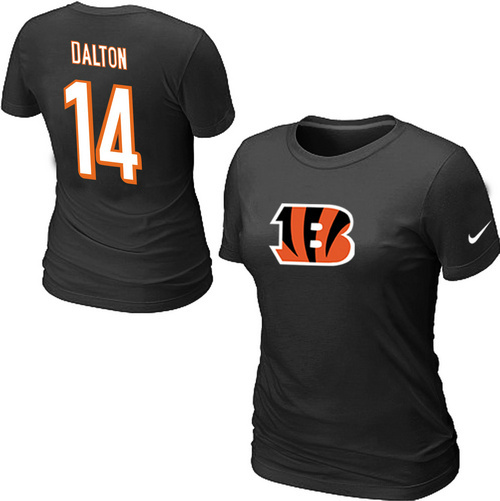 Nike Cincinnati Bengals 14 Andy Dalton Name & Number Women's T-Shirt Black - Click Image to Close