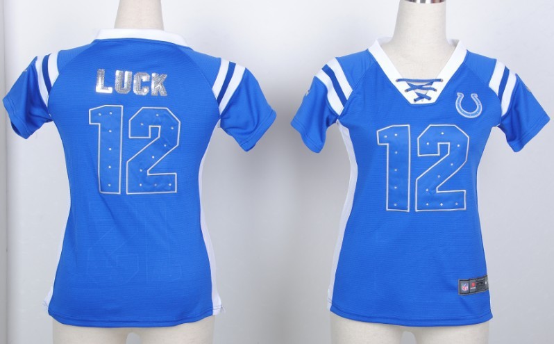 Nike Colts 12 Luck Blue Women's Handwork Sequin lettering Fashion Jerseys - Click Image to Close