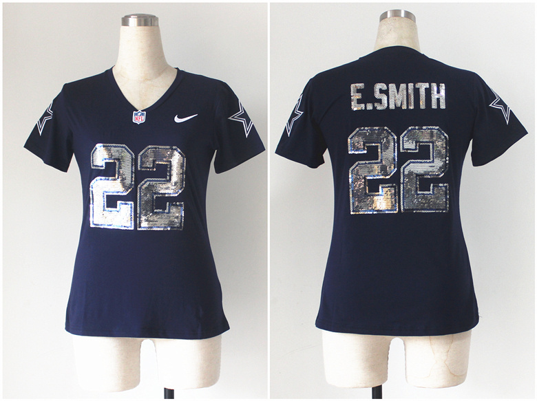 Nike Cowboys 22 E.Smith Blue Sequin Lettering Women Jerseys