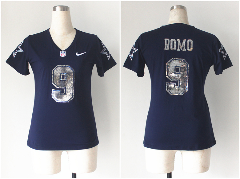 Nike Cowboys 9 Romo Blue Sequin Lettering Women Jerseys