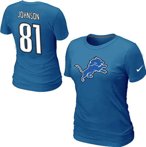 Nike Detroit Lions 81 Calvin Johnson Name & Number Women's T-Shirt Blue