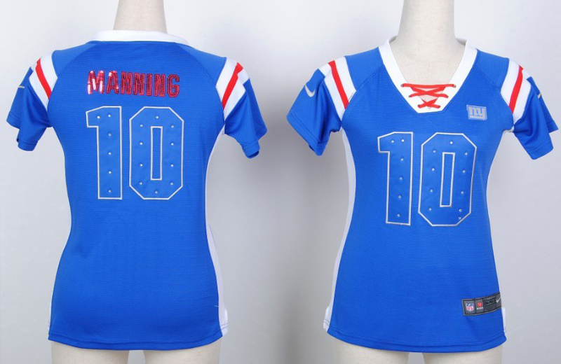 Nike Giants 10 Eli Manning Blue Women's Handwork Sequin lettering Fashion Jerseys