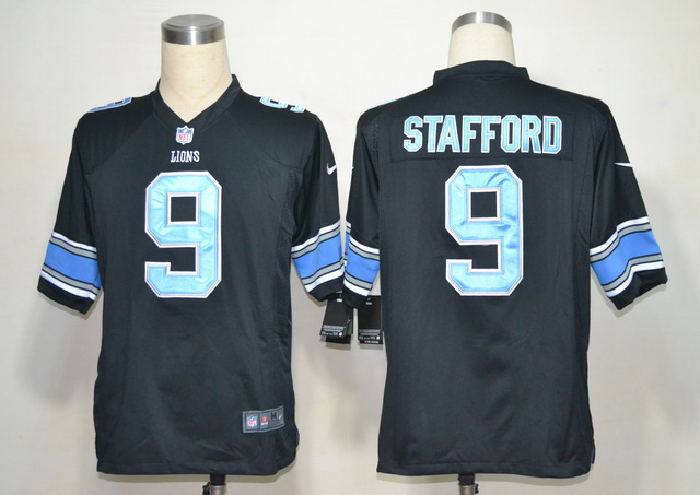 Nike Lions 9 Stafford Black Game Jerseys