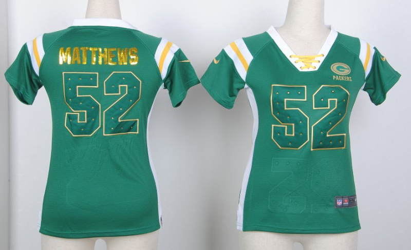 Nike Packers 52 Clay Matthews Green Women's Handwork Sequin lettering Fashion Jerseys
