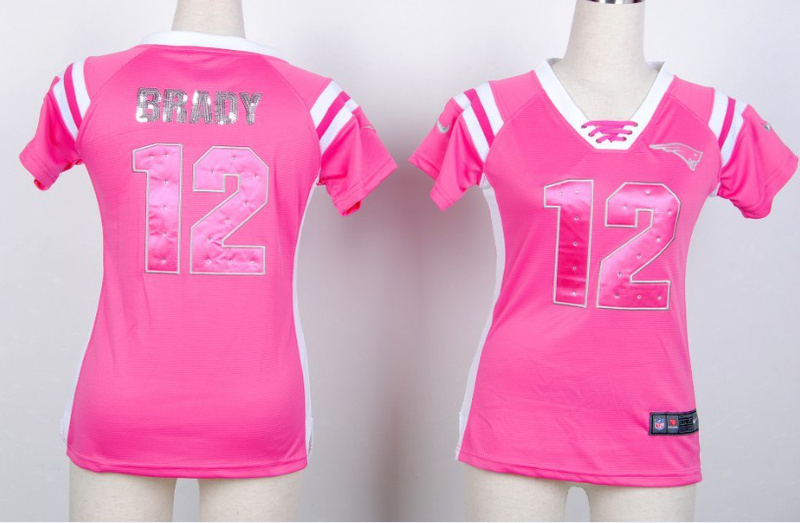 Nike Patriots 12 Brady Pink Women's Handwork Sequin lettering Fashion Jerseys