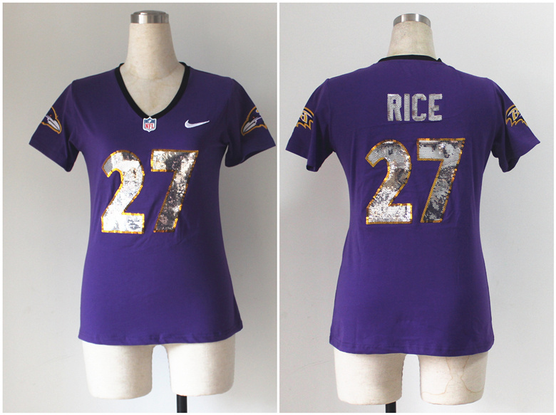 Nike Ravens 27 Rice Purple Sequin Lettering Women Jerseys