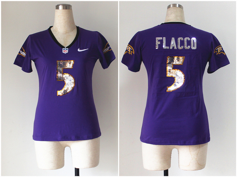 Nike Ravens 5 Flacco Purple Sequin Lettering Women Jerseys