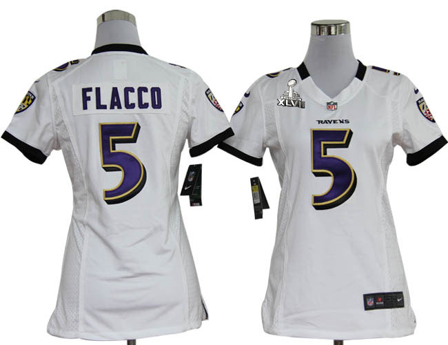 Nike Ravens 5 Flacco White Women Game 2013 Super Bowl XLVII Jersey