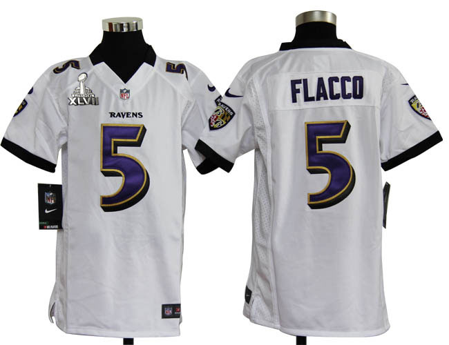 Nike Ravens 5 Flacco white game youth 2013 Super Bowl XLVII Jersey