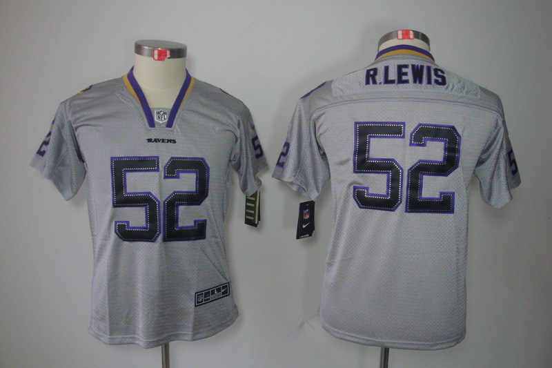 Nike Ravens 52 R.Lewis Lights Out Grey Elite Kids Jerseys - Click Image to Close