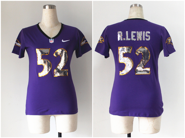 Nike Ravens 52 R.Lewis Purple Sequin Lettering Women Jerseys