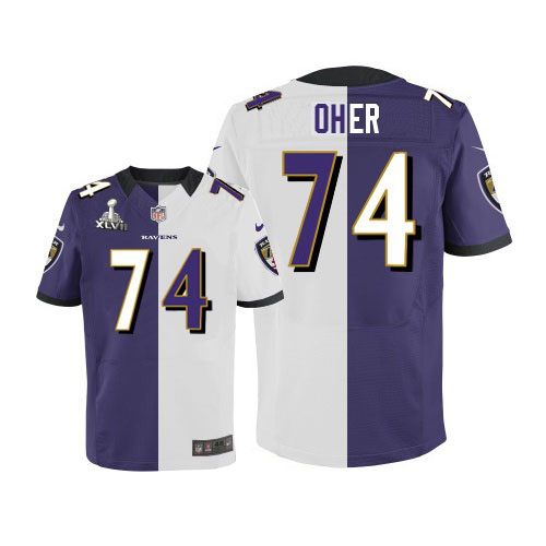 Nike Ravens 74 Michael Oher Purple&White Split Elite 2013 Super Bowl XLVII Jersey