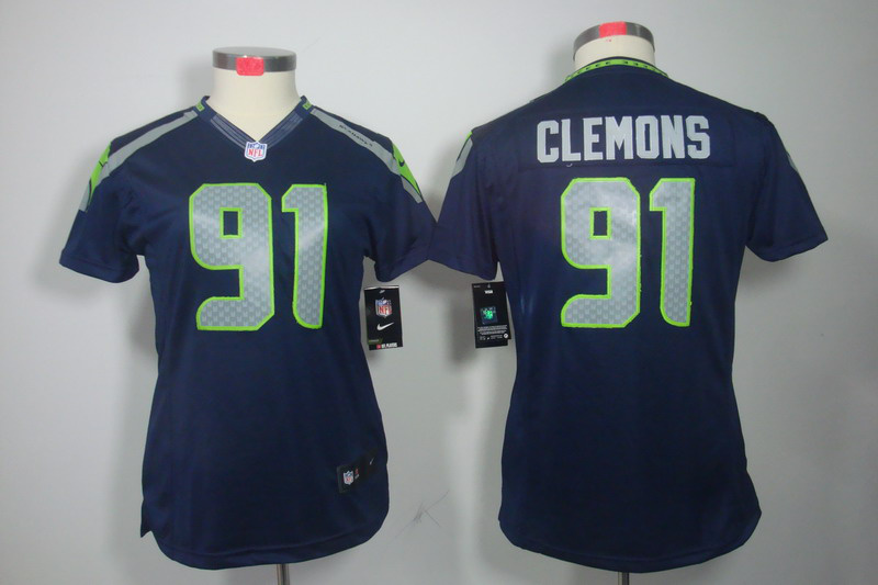 Nike Seahawks 91 Clemons Blue Women Limited Jerseys - Click Image to Close