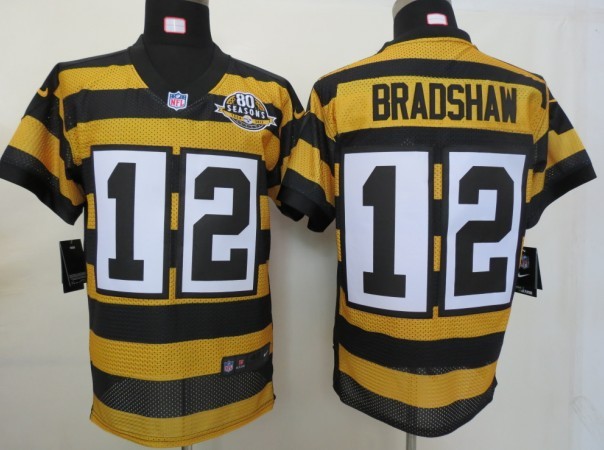Nike Steelers 12 Bradshaw Yellow&Black 80th Jerseys