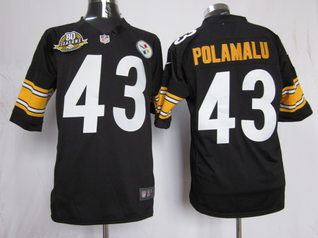 Nike Steelers 43 Polamalu Black Game 80th Patch Jerseys