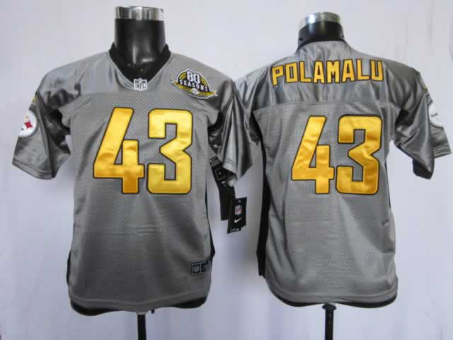 Nike Steelers 43 Polamalu Grey Kids Elite 80th Patch Jerseys