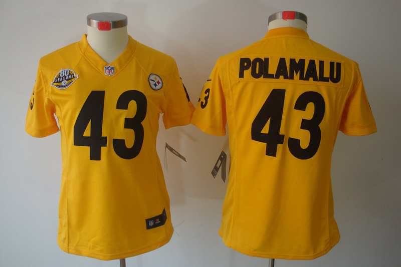 Nike Steelers 43 Polamalu Yellow Women Limited 80th Patch Jerseys