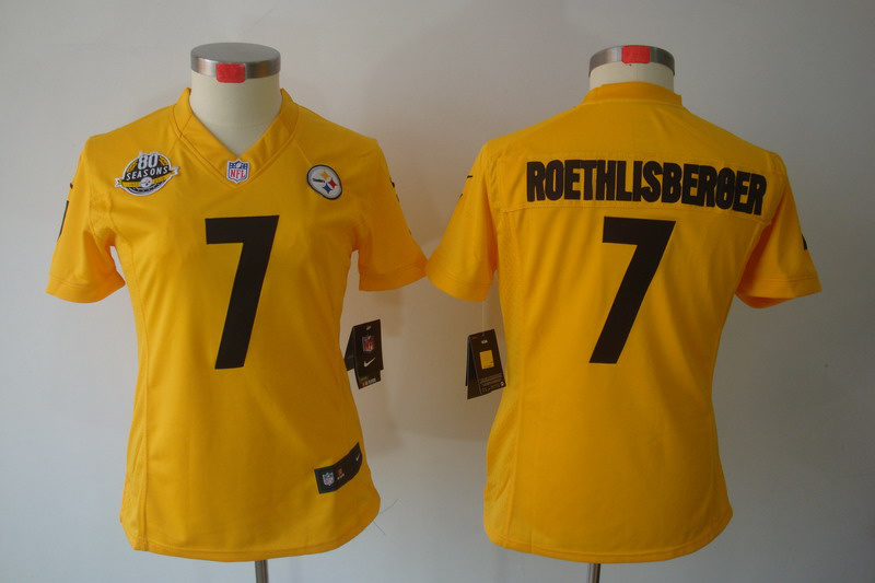 Nike Steelers 7 Roethlisberger Yellow Women Limited 80th Patch Jerseys