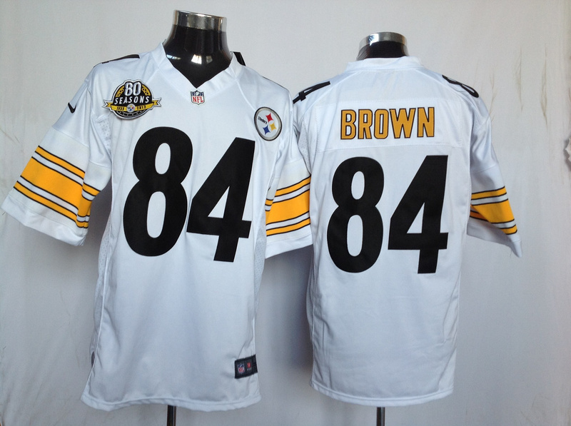 Nike Steelers 84 Brown White Game 80th Patch Jerseys