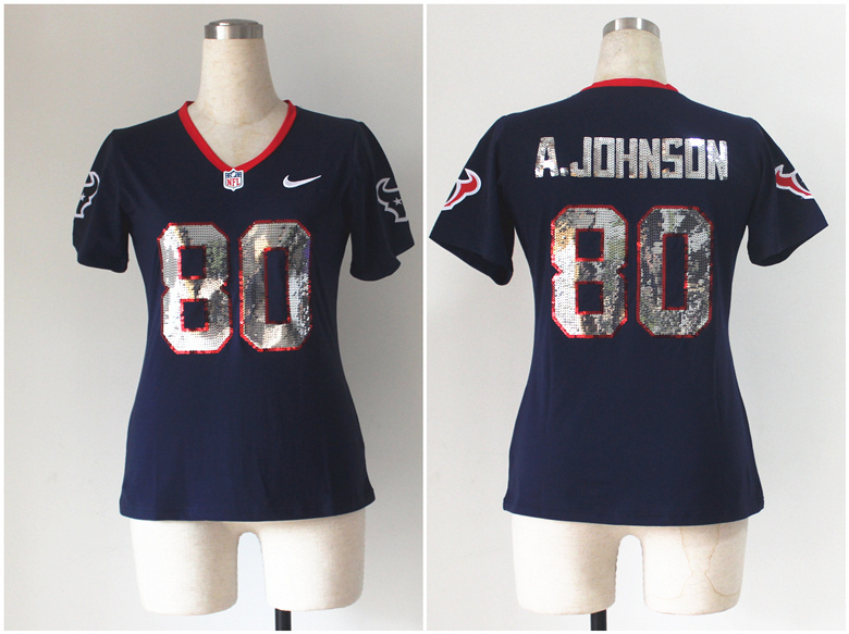 Nike Texans 80 A.Johnson Blue Sequin Lettering Women Jerseys - Click Image to Close