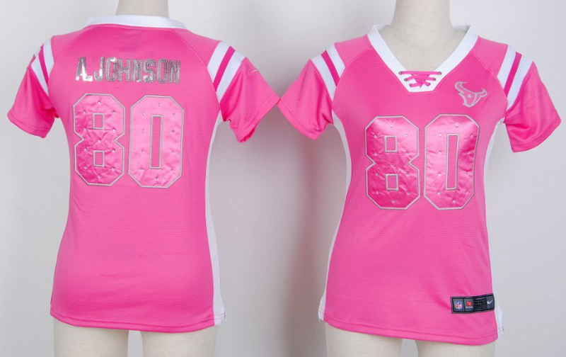 Nike Texans 80 A.Johnson Pink Women's Handwork Sequin lettering Fashion Jerseys - Click Image to Close