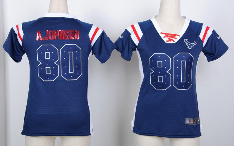 Nike Texans 80 Andre Johnson Blue Women's Handwork Sequin lettering Fashion Jerseys