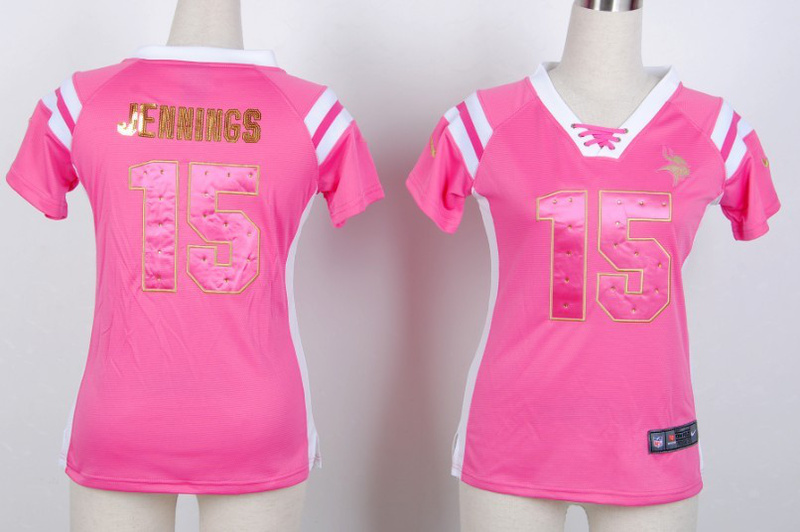 Nike Vikings 15 Jennings Pink Women's Handwork Sequin lettering Fashion Jerseys