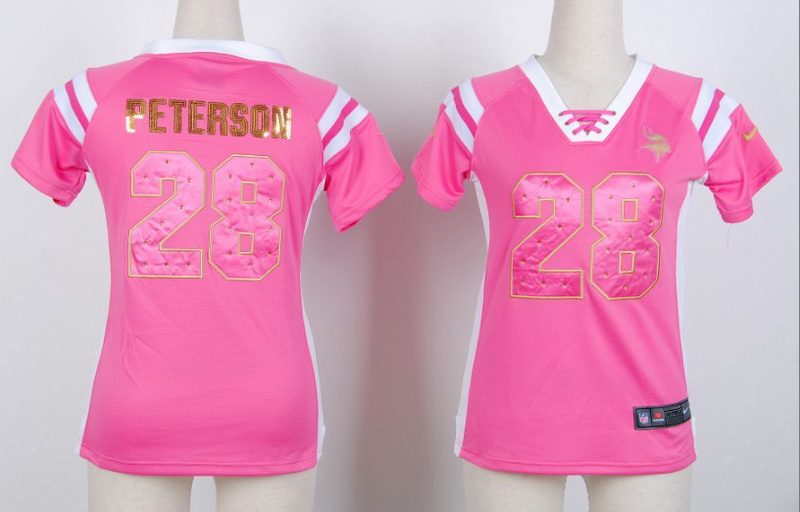 Nike Vikings 28 Peterson Pink Women's Handwork Sequin lettering Fashion Jerseys