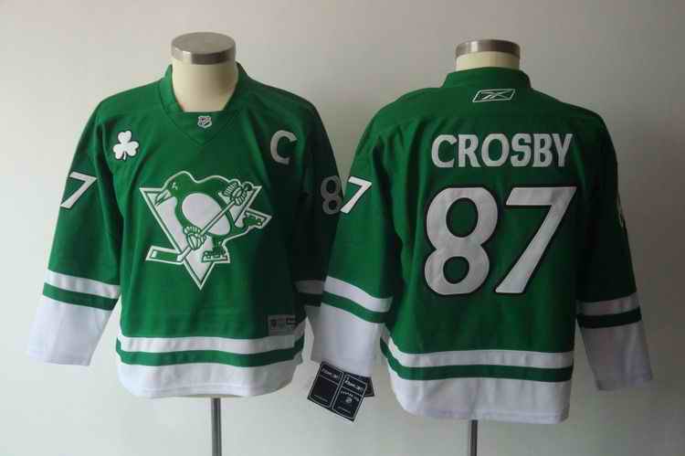 Penguins 87 Crosby St.Patricks Day green Youth Jersey