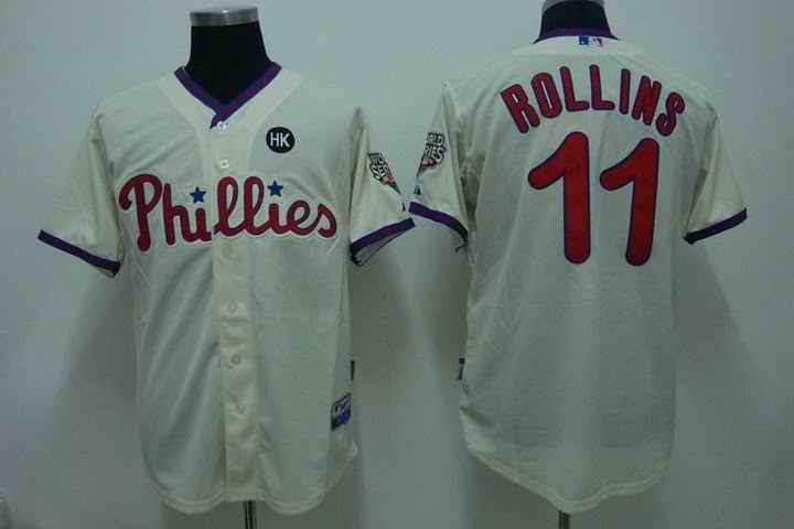 Phillies 11 Rollins cream 2009 World Series Kids Jersey