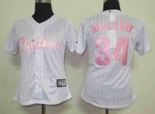 Phillies 34 Halladay white pink strip women Jersey - Click Image to Close