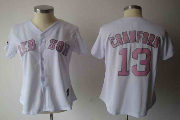 Red Sox 13 Crawford white pink number women Jersey