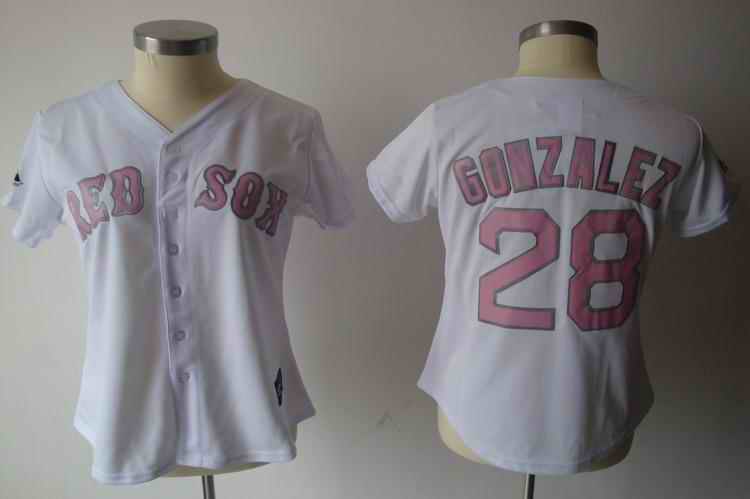 Red Sox 28 Gonzalez white pink number women Jersey