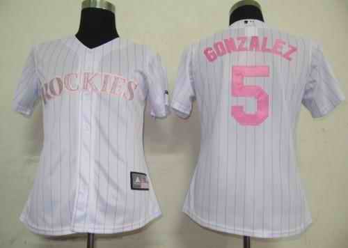 Rockies 5 Gonzalez white pink strip women Jersey