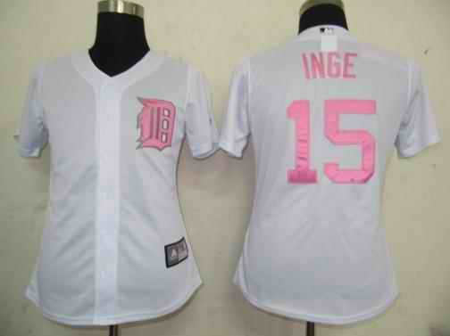 Tigers 15 Inge white pink number women Jersey