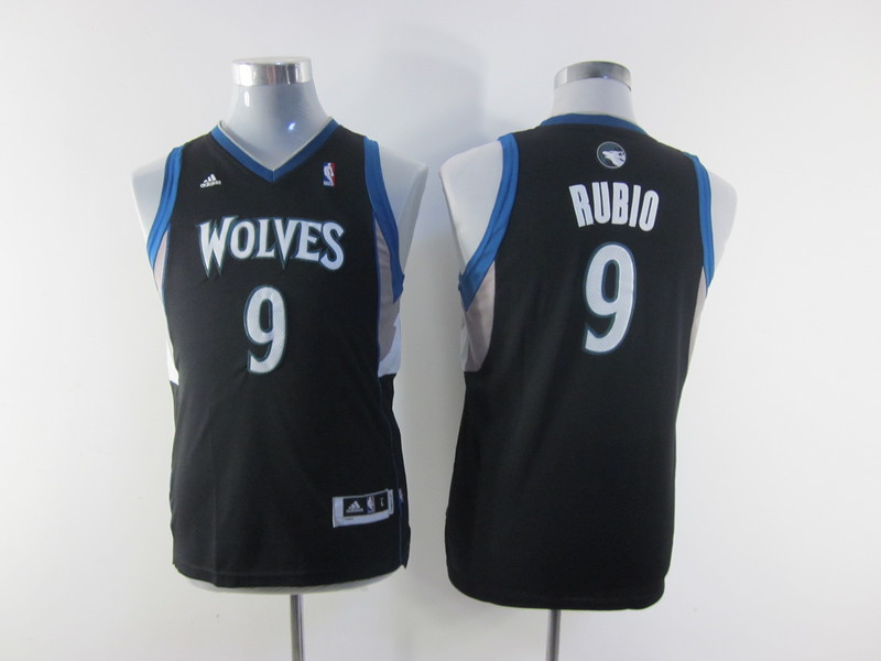Timberwolves 9 Rubio Black New Fabric Youth Jersey - Click Image to Close