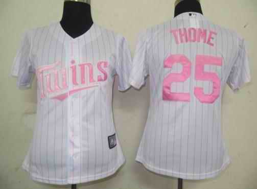 Twins 25 Thome white pink strip women Jersey