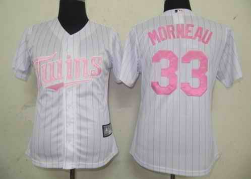 Twins 33 Morneau white pink strip women Jersey