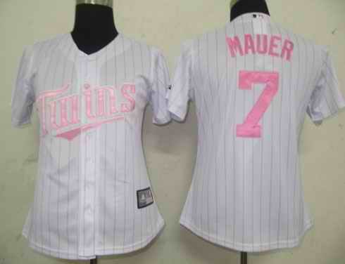 Twins 7 Mauer white pink strip women Jersey