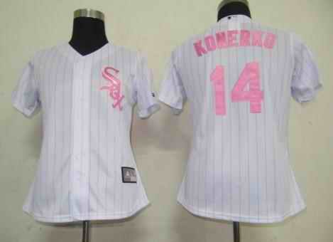 White Sox 14 Paul Konerko white pink strip women Jersey