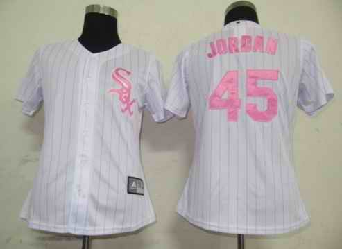 White Sox 45 Jordan white pink strip women Jersey