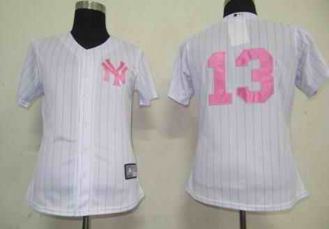 Yankees 13 Alex Rodriguez white pink strip women Jersey