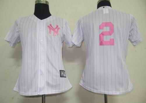 Yankees 2 Derek Jeter white pink strip women Jersey