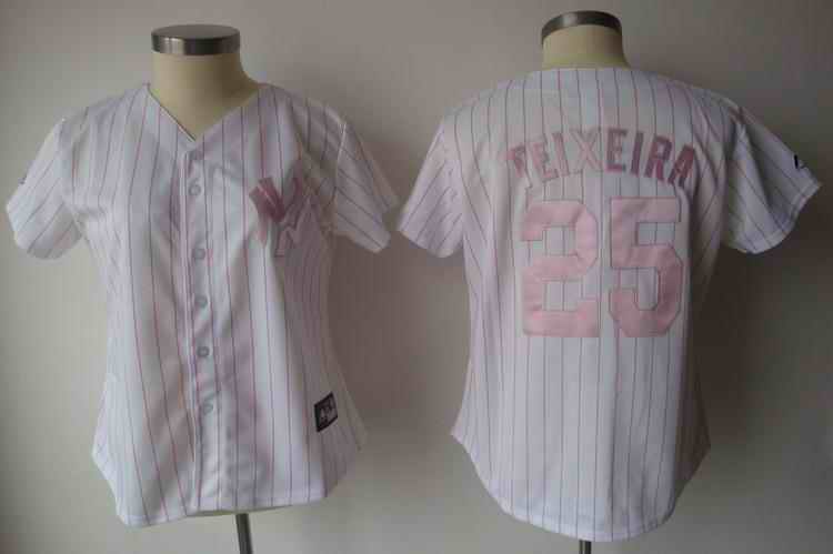 Yankees 25 Teixeira white pink strip women Jersey